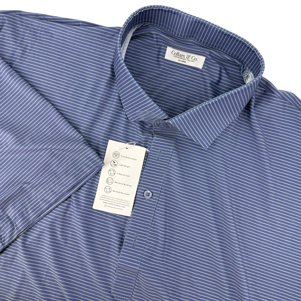 NWT Collars & Co Mens 3XL Blue Striped Featherweight Relaxed Polo Collar Shirt